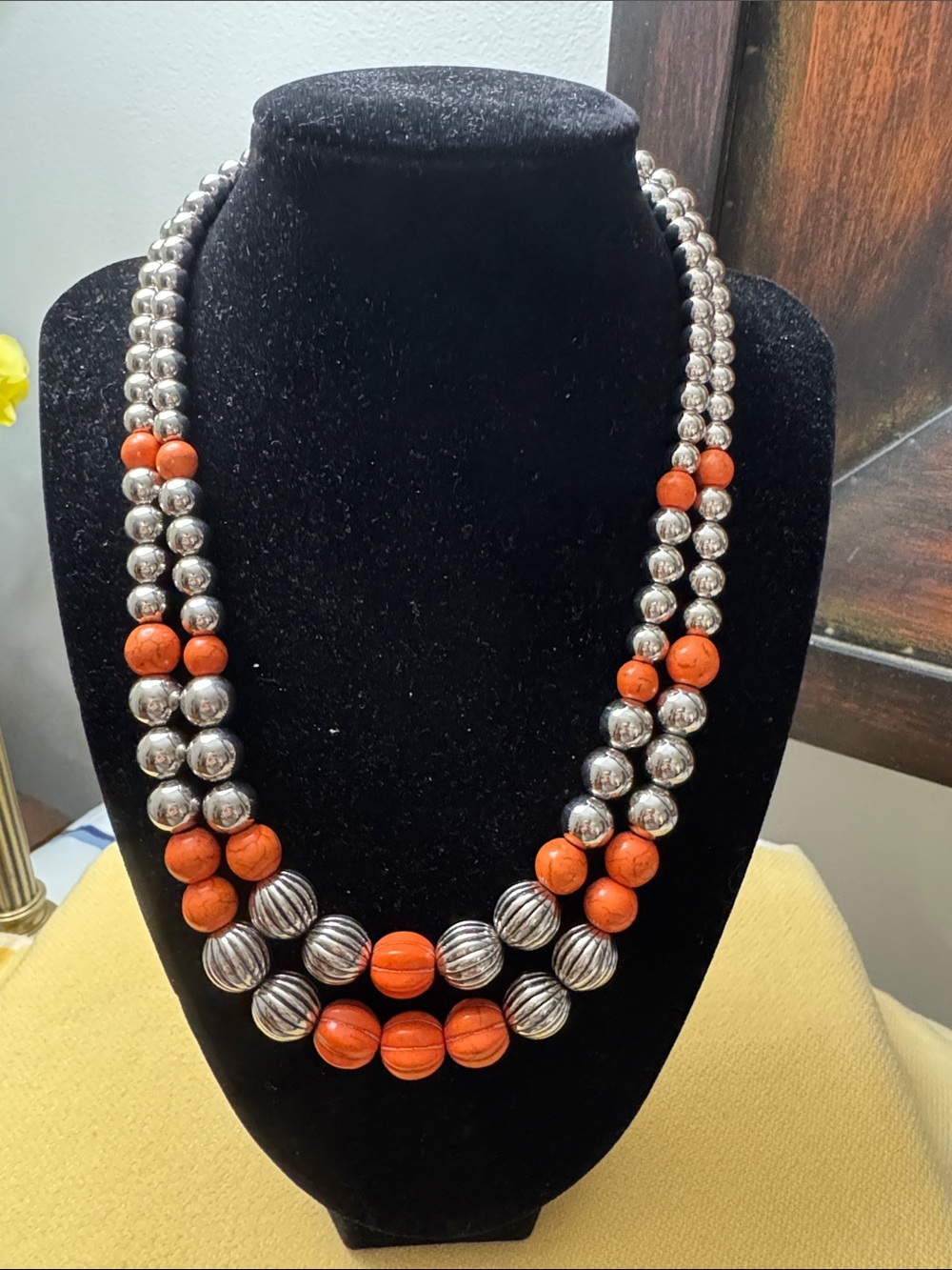 Necklace Double Strand Orange and Silver Bead Necklace